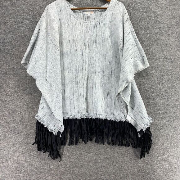 GB Poncho Sweater Women L Large Gray Short Sleeve Fringe Round Neck Casual - Picture 4 of 9